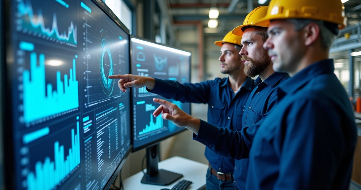 Equipe de manutenção analisando dados em painel digital 