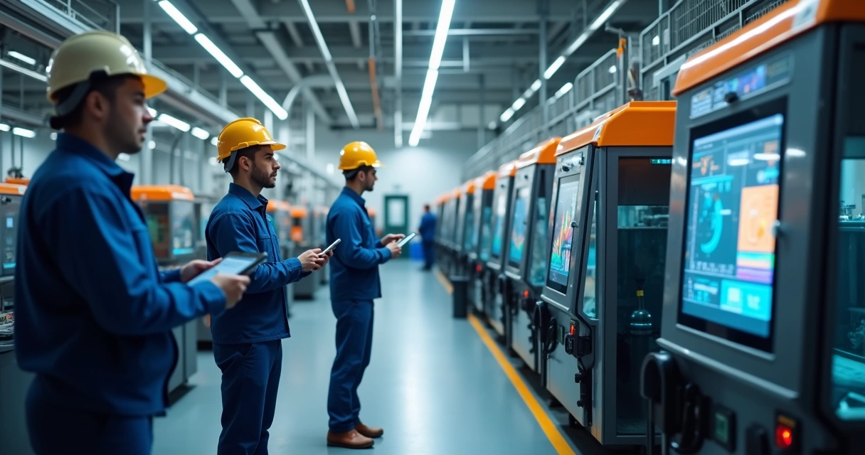 Equipe de manutenção analisando relatórios digitais em fábrica inteligente 