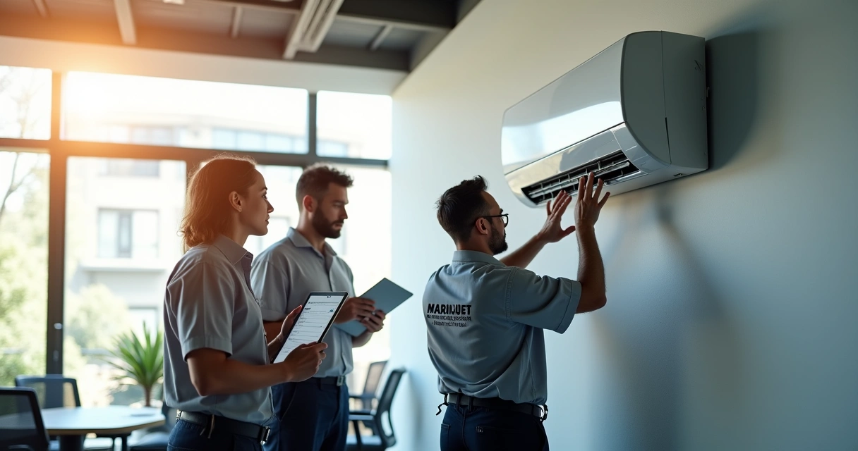 Equipe de manutenção realizando inspeção em ar-condicionado em prédio comercial 
