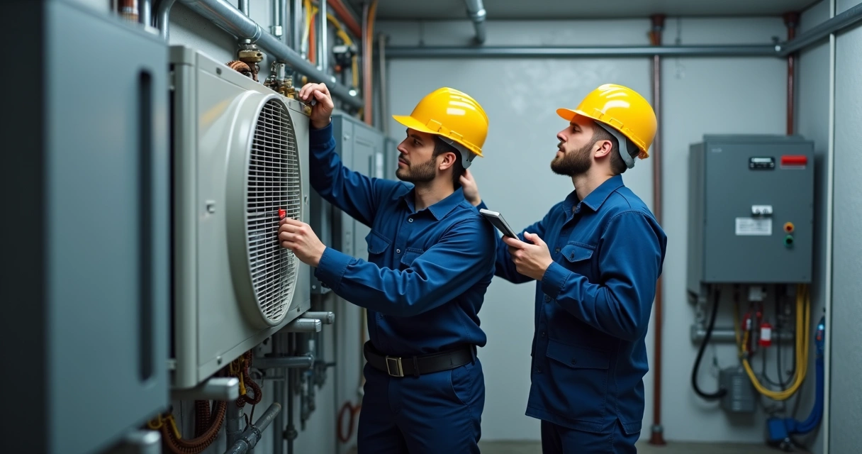 Equipe de manutenção trabalhando em equipamentos prediais 