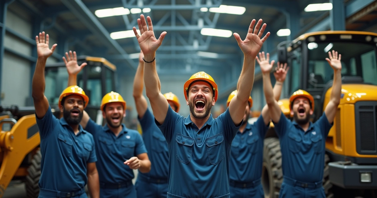 Equipe de manutenção comemorando em oficina de máquinas pesadas 