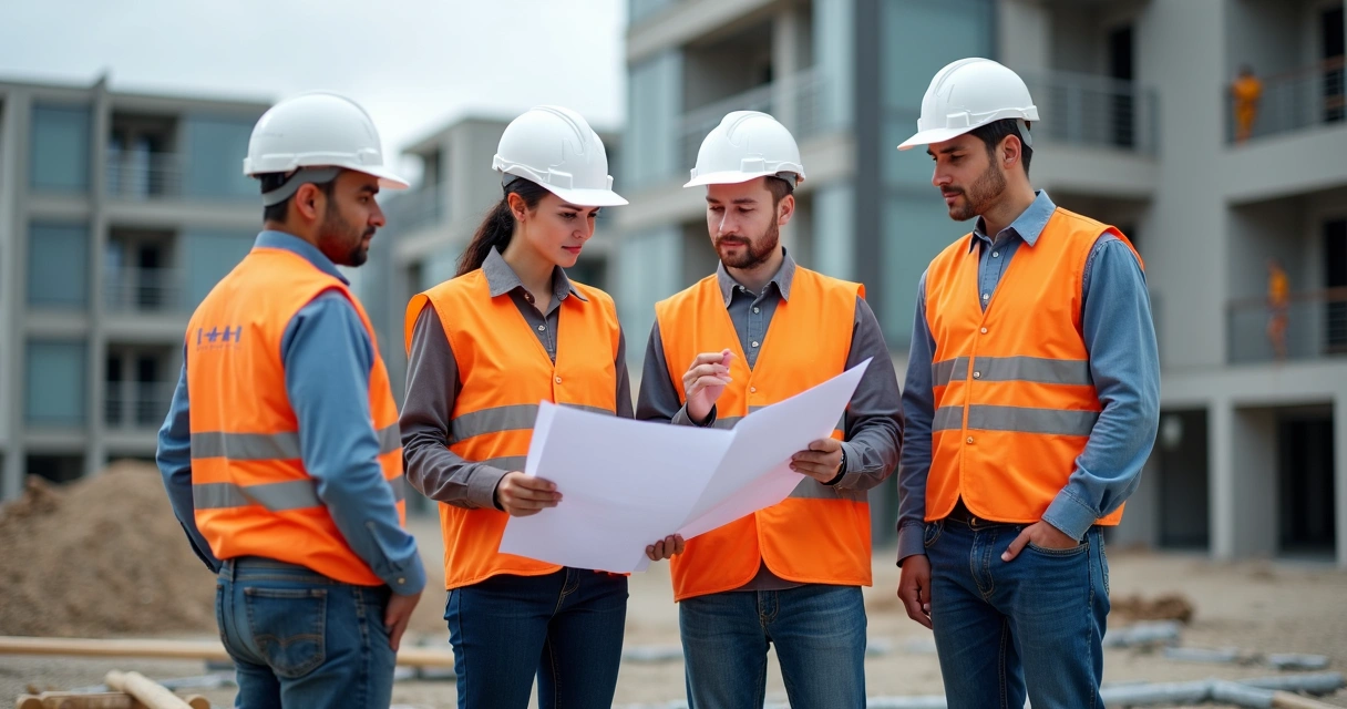 Equipe de manutenção em obra civil analisando documentos ao lado de equipamentos 