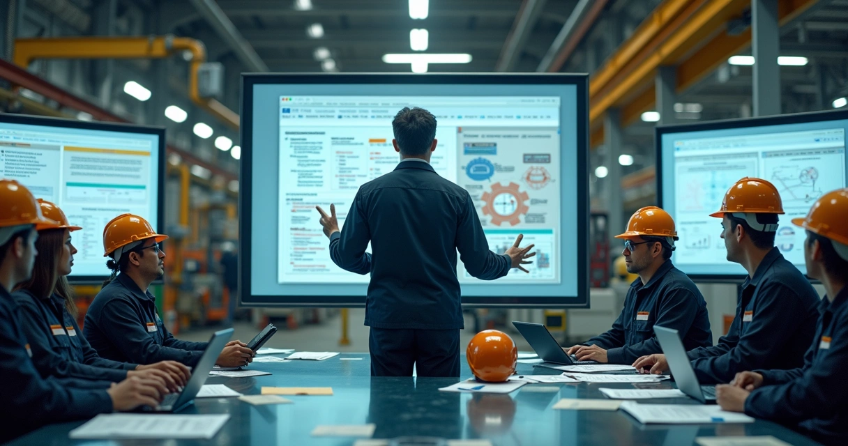 Gestor de manutenção diante de quadro dividido entre equipe treinada e técnico experiente 