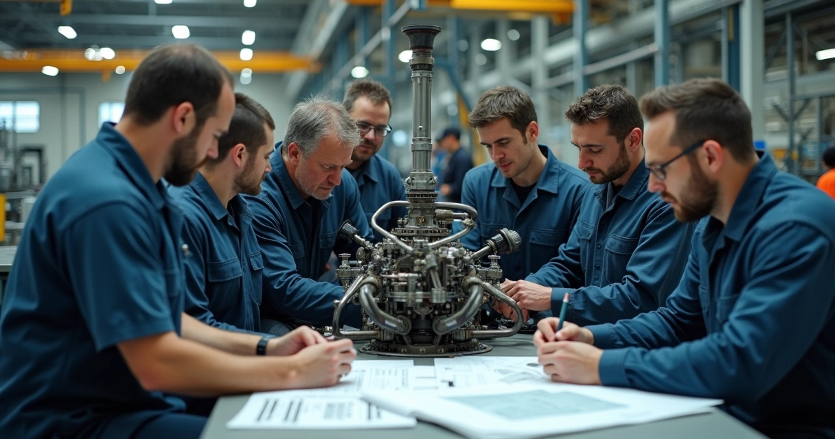 Equipe de manutenção industrial trabalhando em equipamento crítico 