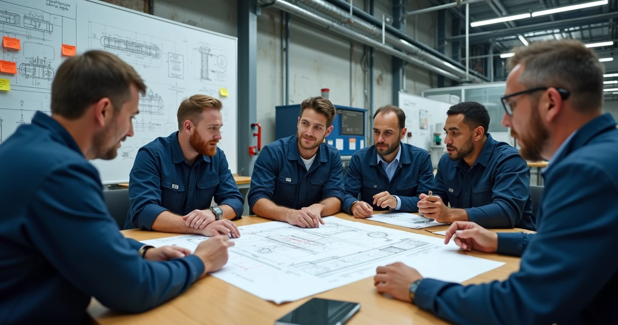 Equipe multidisciplinar de manutenção industrial reunida discutindo plano de ação 