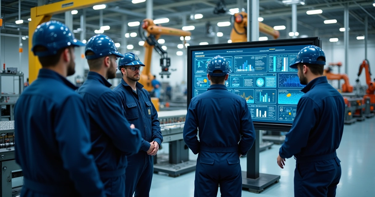 Equipe de manutenção analisando quadro de indicadores em ambiente industrial 