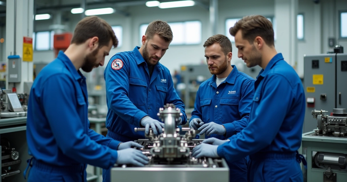 Equipe de manutenção em fábrica trabalhando em conjunto