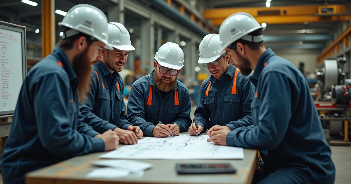 Equipe de manutenção em reunião no ambiente industrial 