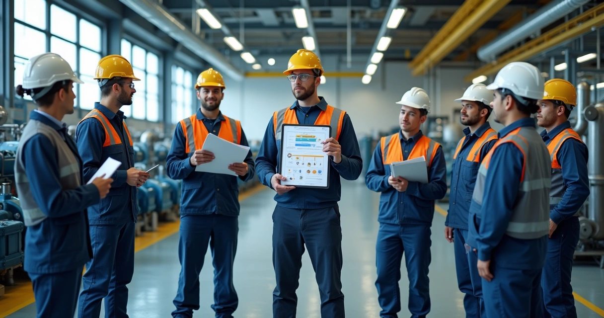 Equipe de manutenção industrial reunida em fábrica em conversa alinhada 