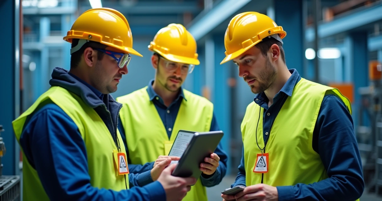 Equipe de manutenção industrial realizando bloqueio LOTO, todos com EPI e monitorando o registro digital com tablet. 