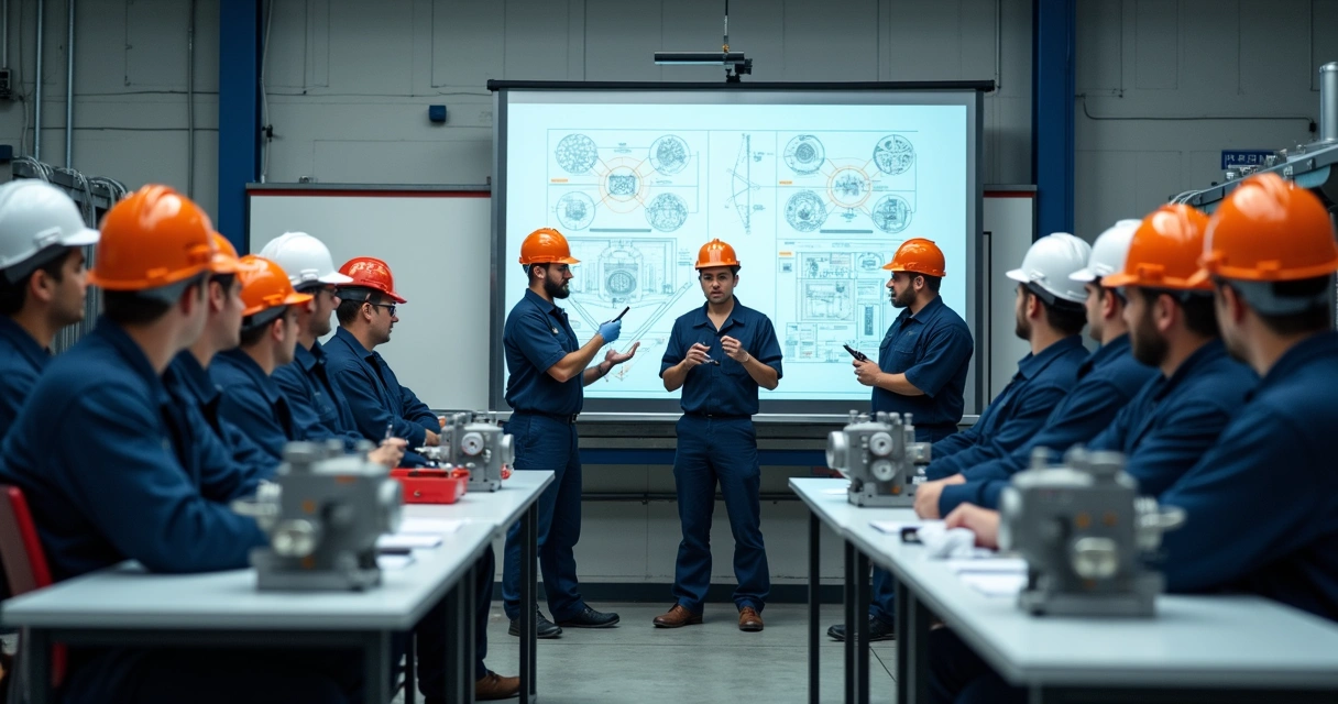 Equipe de manutenção industrial em treinamento prático com instrutor 