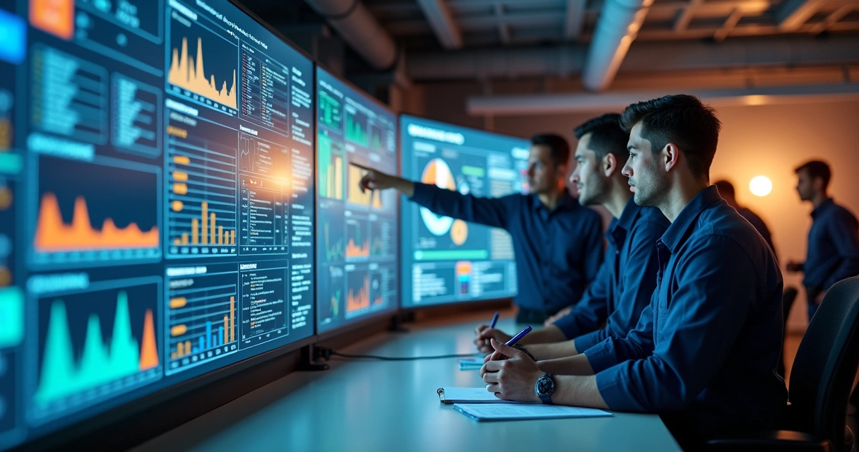 Maintenance team analyzing IoT data on screens