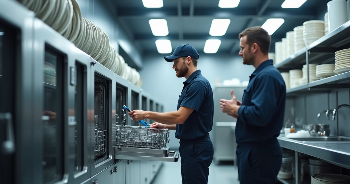 Técnico realizando manutenção em lava-louças industrial em ambiente de cozinha profissional 