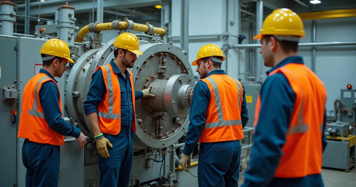 Equipe de manutenção atuando em máquina industrial bloqueada com LOTO 