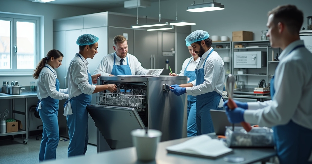 Equipe de manutenção técnica instalando máquina de lavar louças industrial 