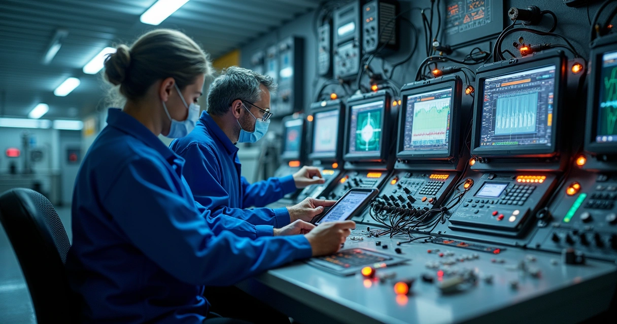Equipe de manutenção ajustando sensores de ruído em painel de equipamentos 