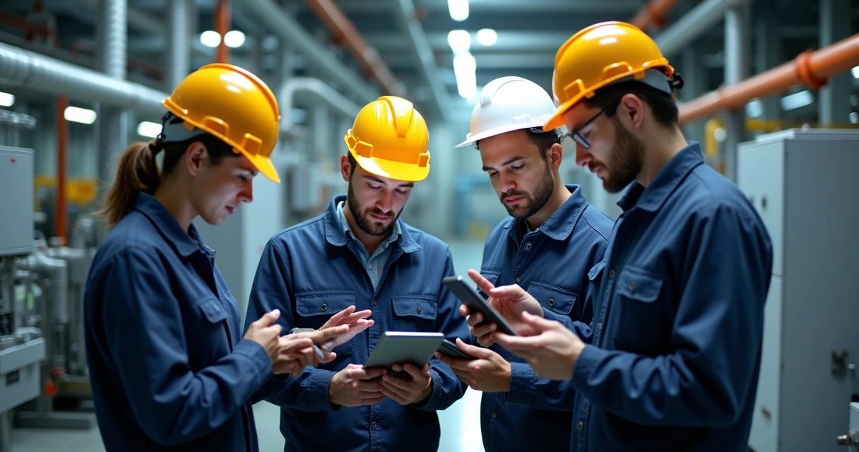 Equipe de manutenção reunida com tablets em ambiente industrial 