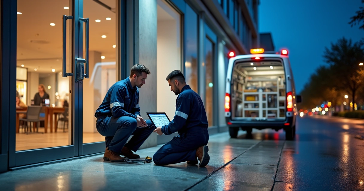 Equipe técnica realiza manutenção noturna em porta automática de shopping center 