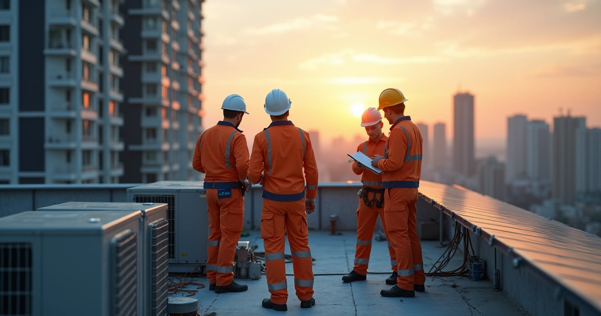 Equipe de manutenção predial realizando inspeção em laje de edifício 