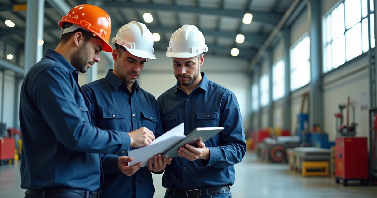 Equipe de manutenção predial conferindo lista de tarefas em tablet 