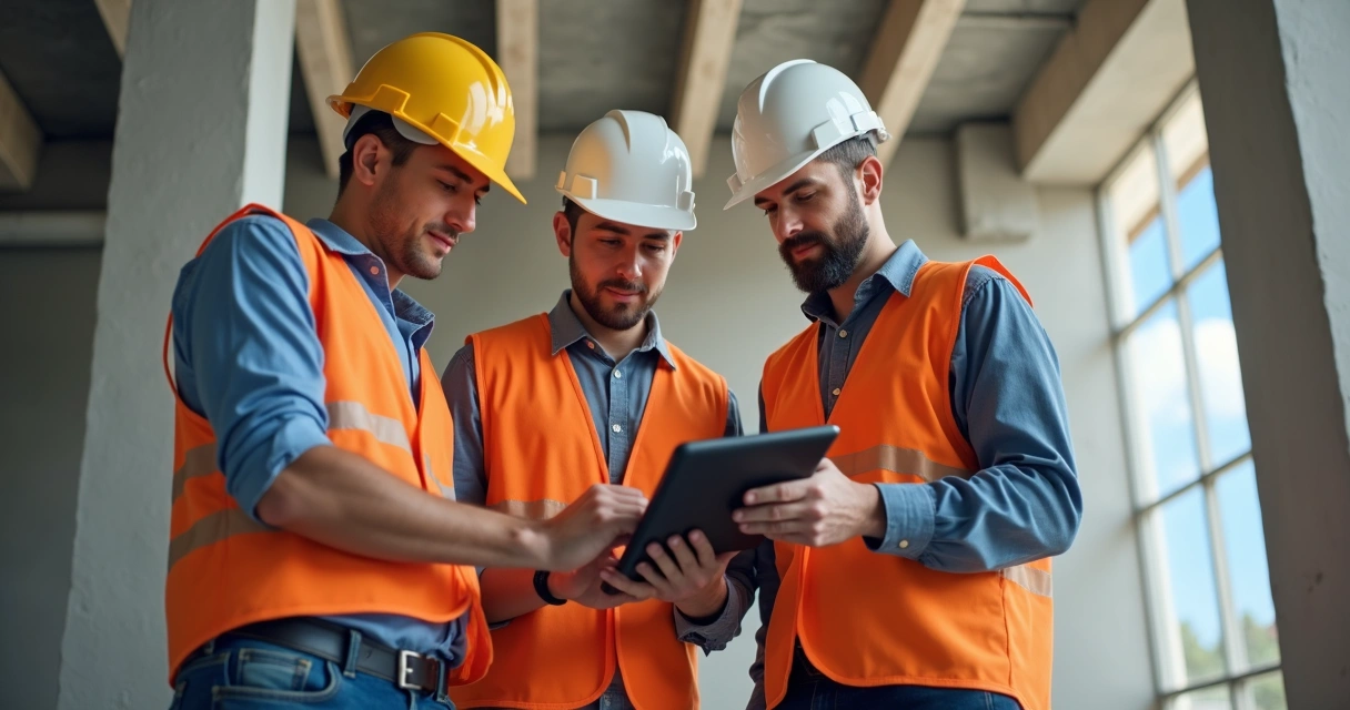 Equipe de manutenção preventiva em obra registrando atividades em tablet 