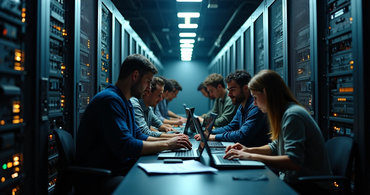 Profissionais trabalhando em monitores antigos e modernos