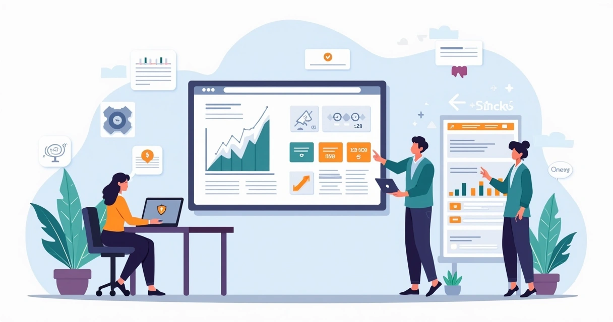 Equipe digital monitorando painel de manutenção preventiva de site em grande tela 