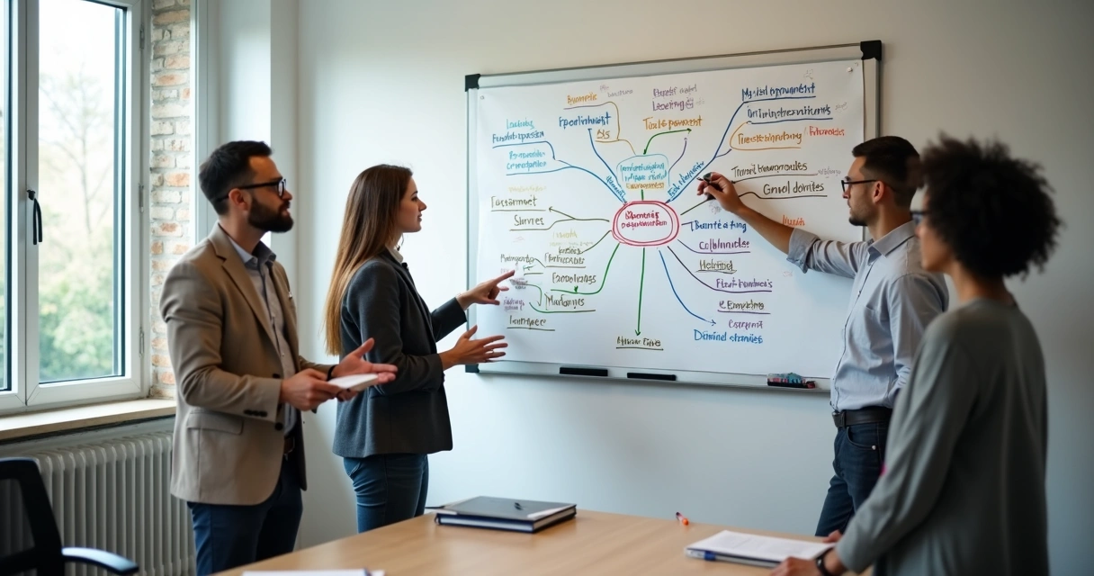 Equipe reunida criando mapa mental em quadro branco 