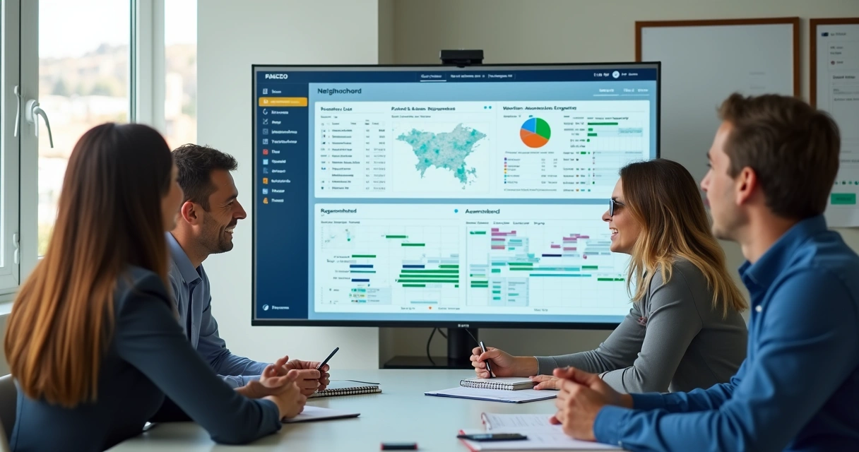Equipe analisando perfis de apoiadores em painel digital 