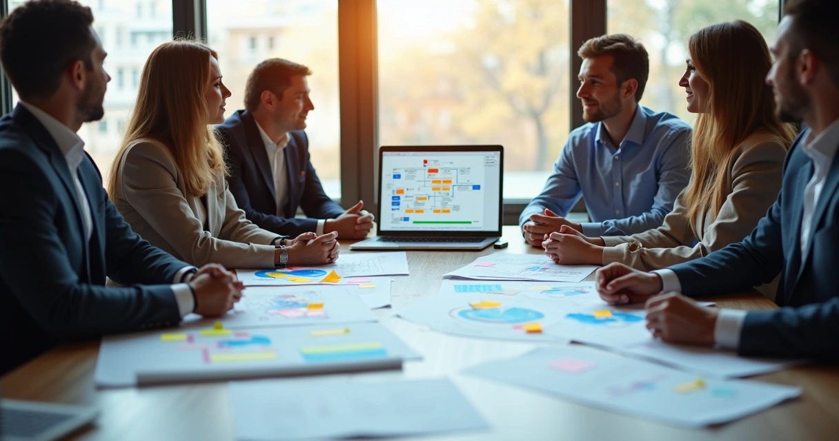 Profissionais discutindo o mapeamento de processos em sala de reunião 