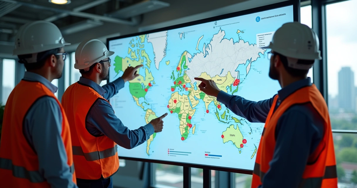 Equipe de técnicos reunida diante de painéis digitais analisando mapas de riscos no ambiente de trabalho 