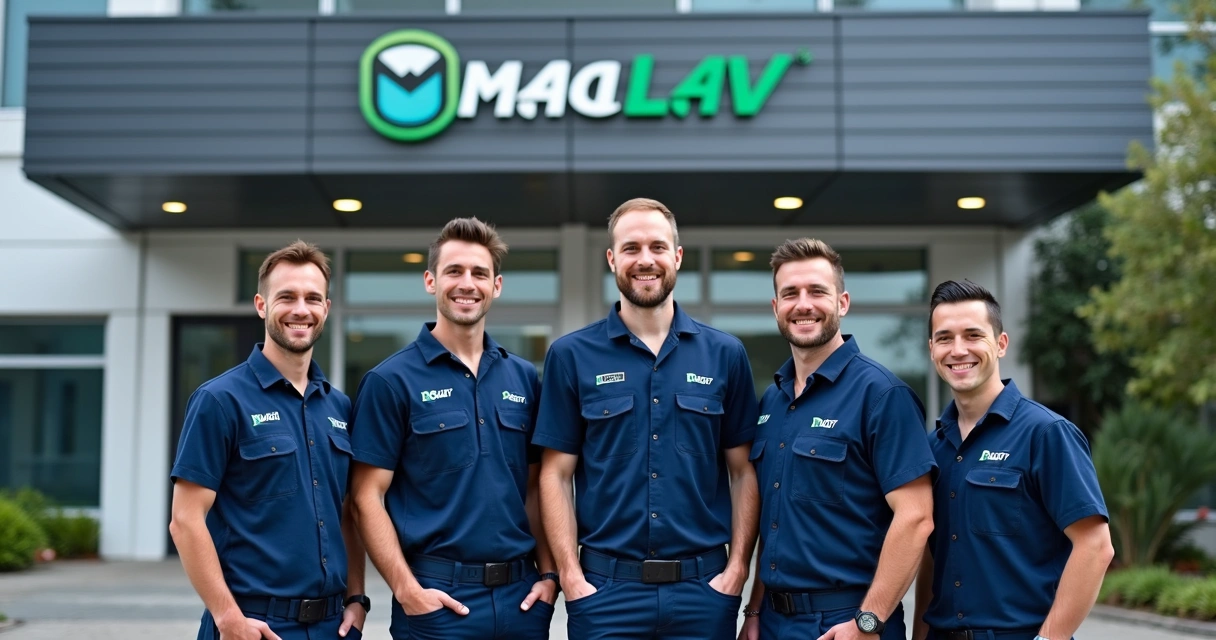 Equipe de técnicos de manutenção em frente à unidade MaqLav 