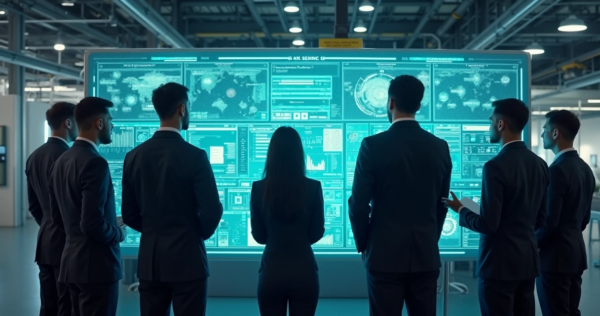Equipe treinando diante de painel digital com controles de IA ligados a máquinas industriais 