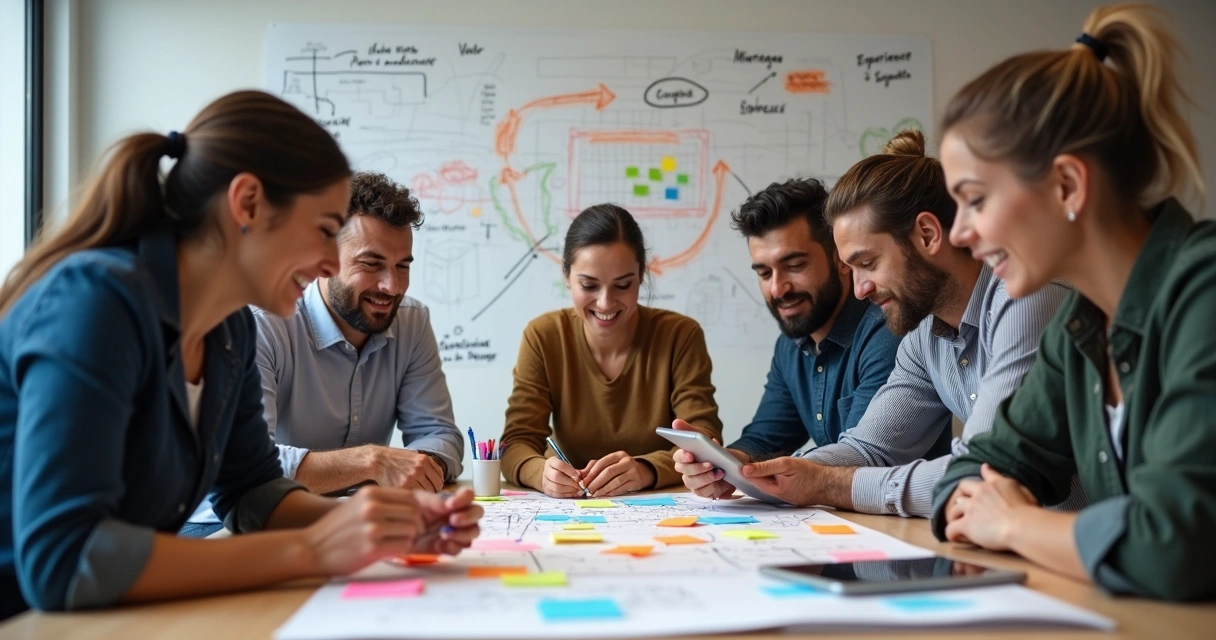 Equipe reunida ao redor de uma mesa desenvolvendo o conceito de marca única 