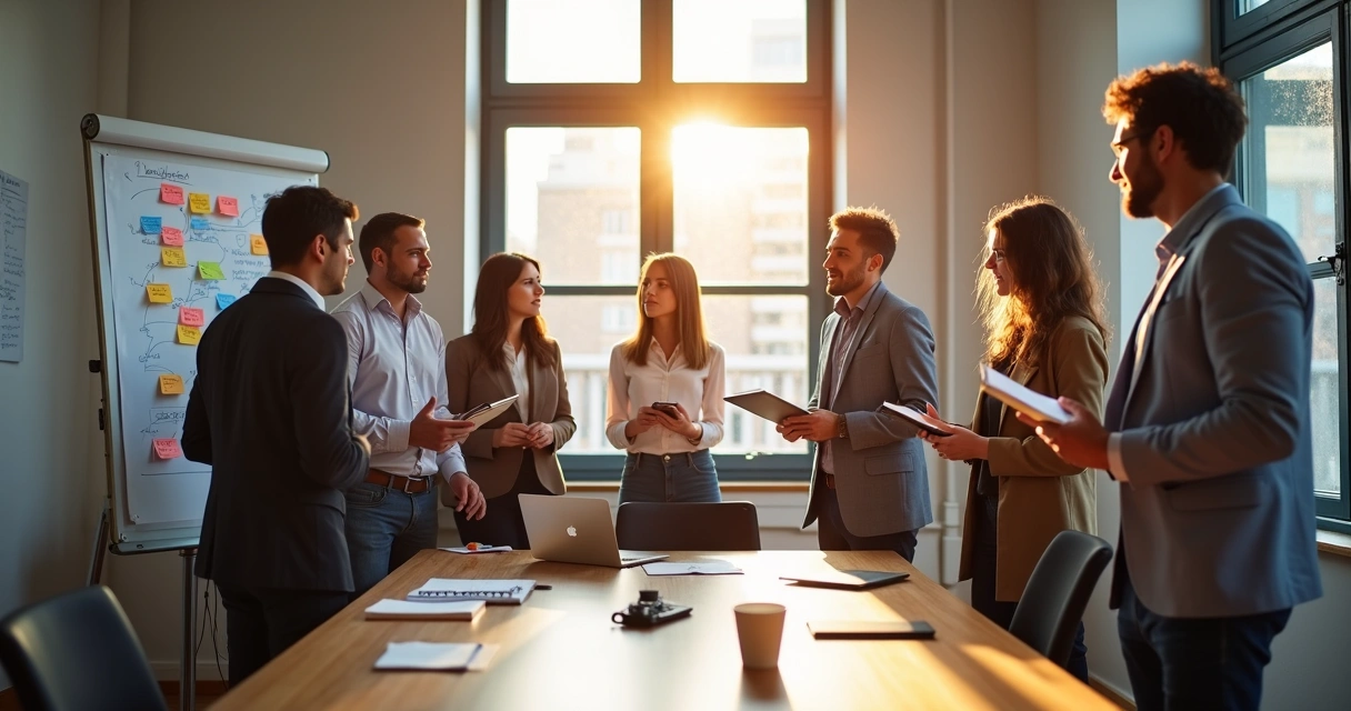 Equipe em reunião rápida de marketing, quadro branco ao fundo 