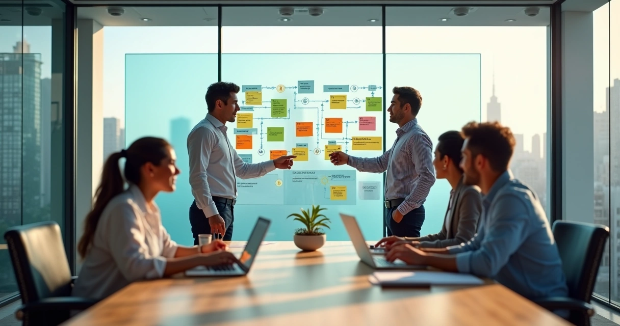 Equipe de marketing colaborando em reunião com fluxo de processos na parede 