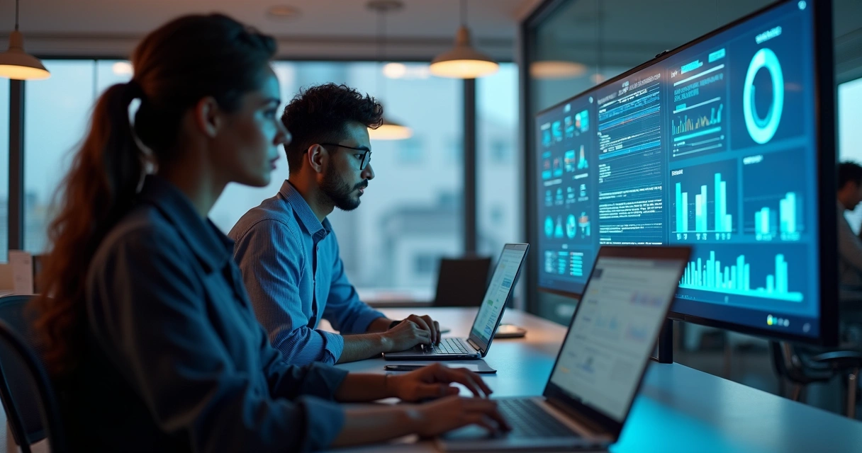Equipe de marketing analisando dados em notebooks e painel digital