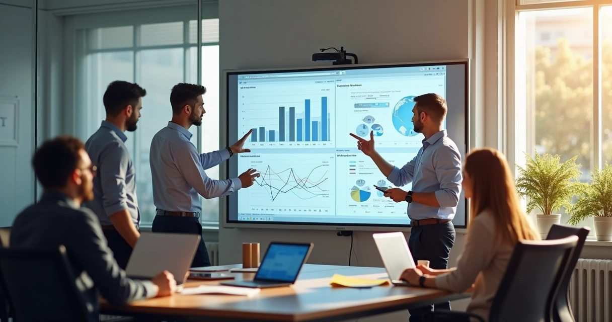 Equipe de marketing analisando estratégias digitais em ambiente moderno 