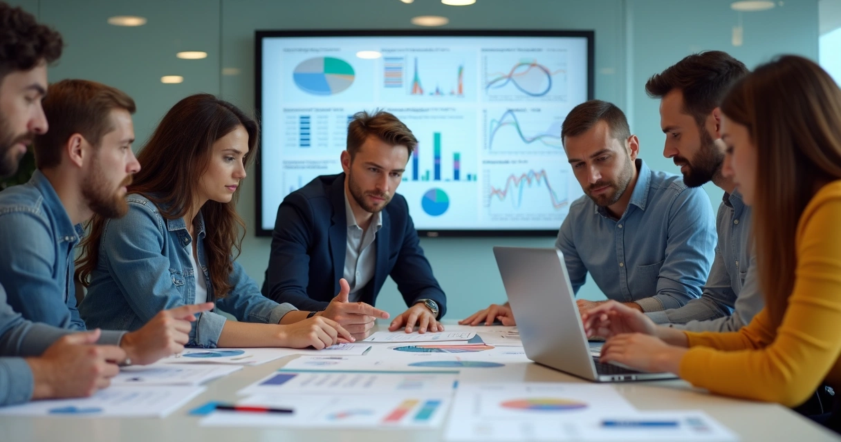 Equipe de marketing analisando resultados de campanha em reunião 
