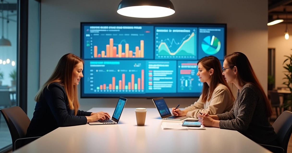 Equipe de marketing analisando dados em torno de uma mesa 
