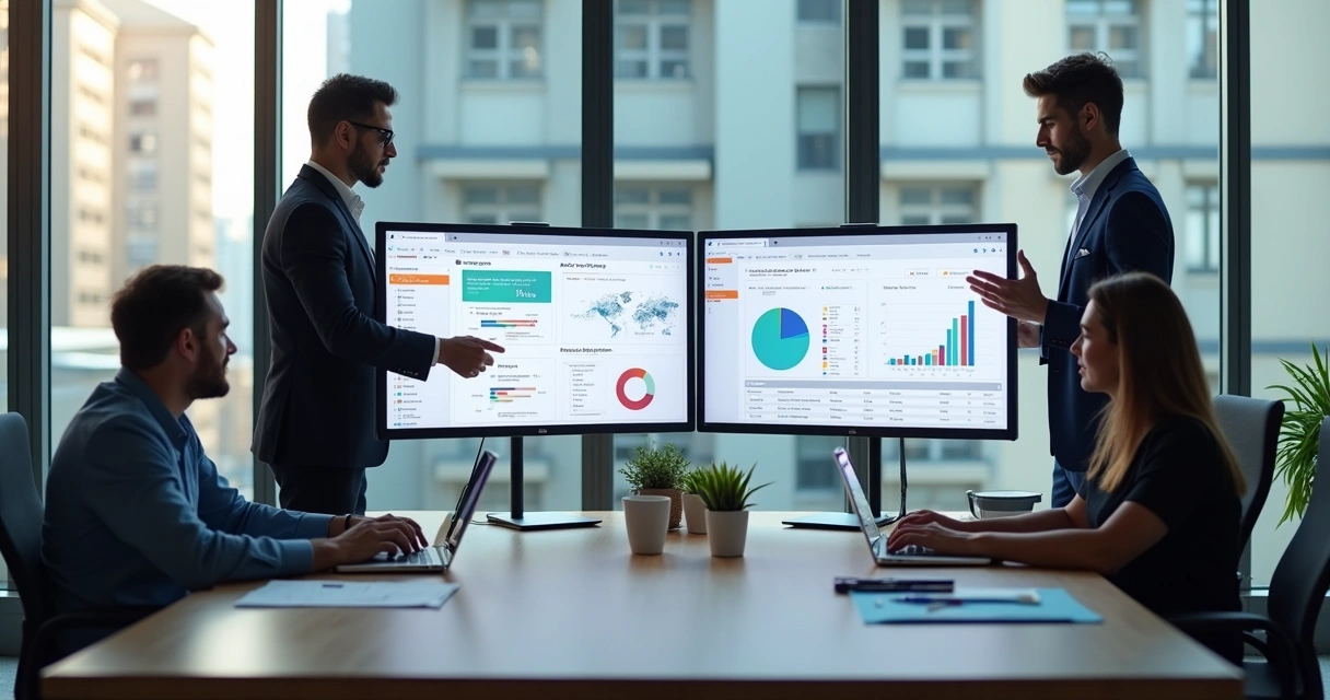 Equipe de marketing analisando gráficos em telas grandes 