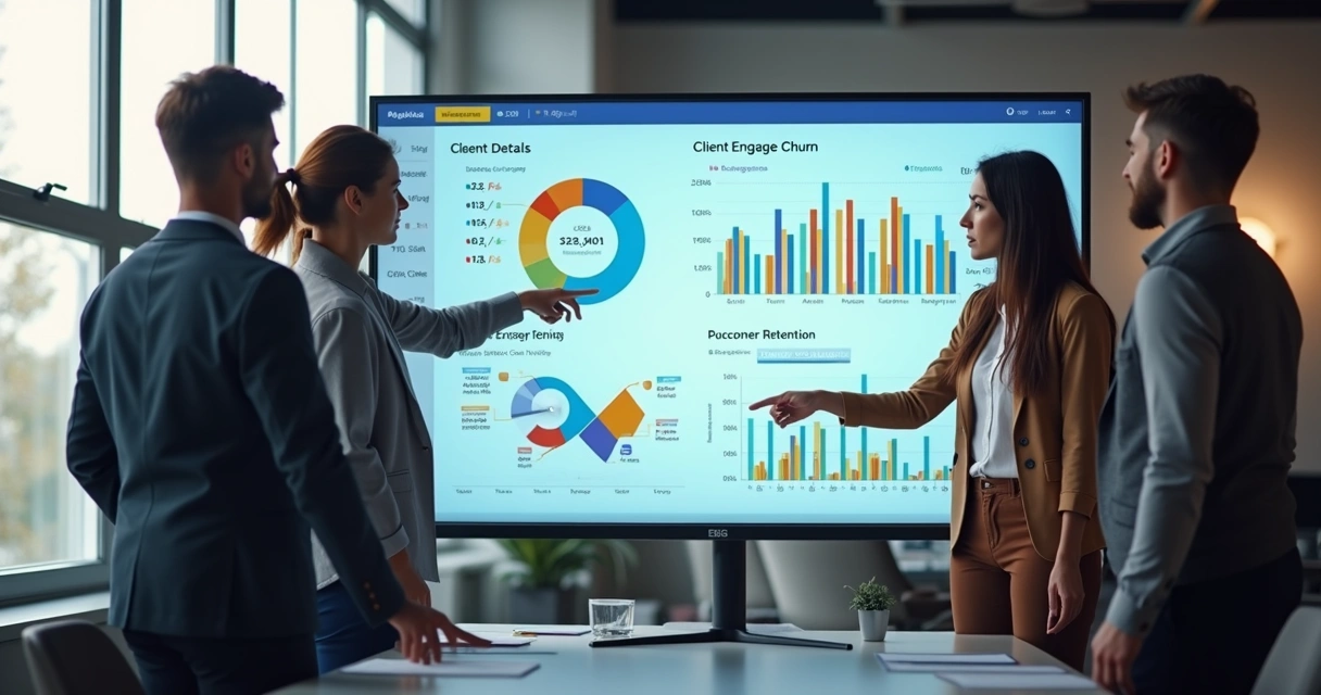 Equipe de profissionais de marketing digital analisando gráficos de dados em tela grande 