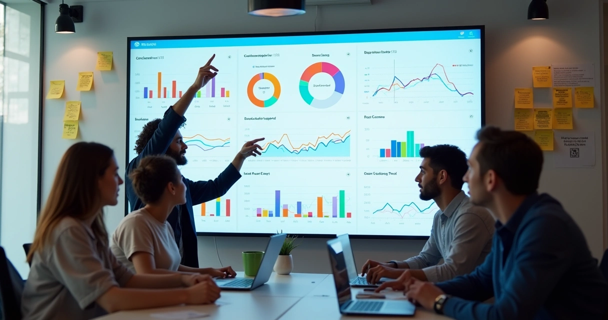 Equipe de marketing analisando painel de indicadores e tomando decisões 
