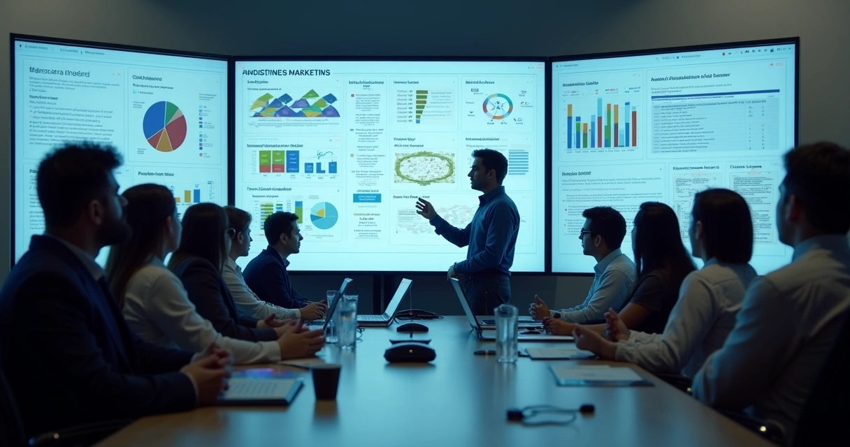 Equipe de marketing analisando gráficos e dados em sala de reunião 