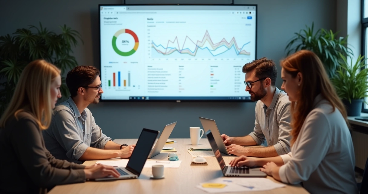 Equipe de marketing reunida analisando campanha SaaS em Google Ads 