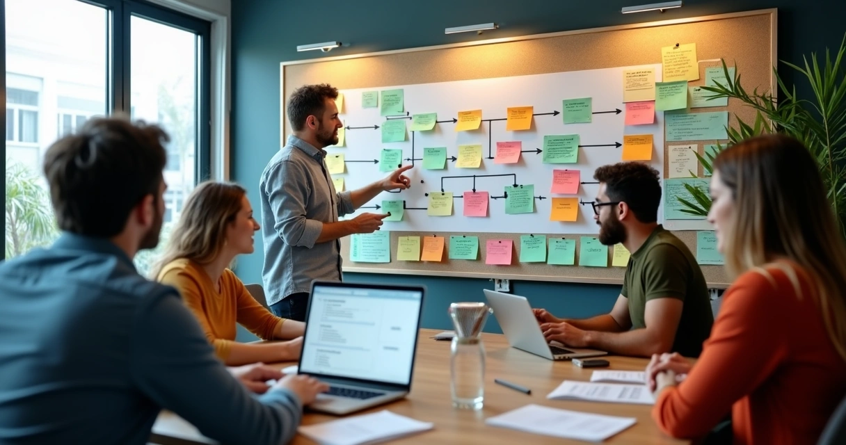 Equipe de marketing planejando fluxo automatizado de WhatsApp