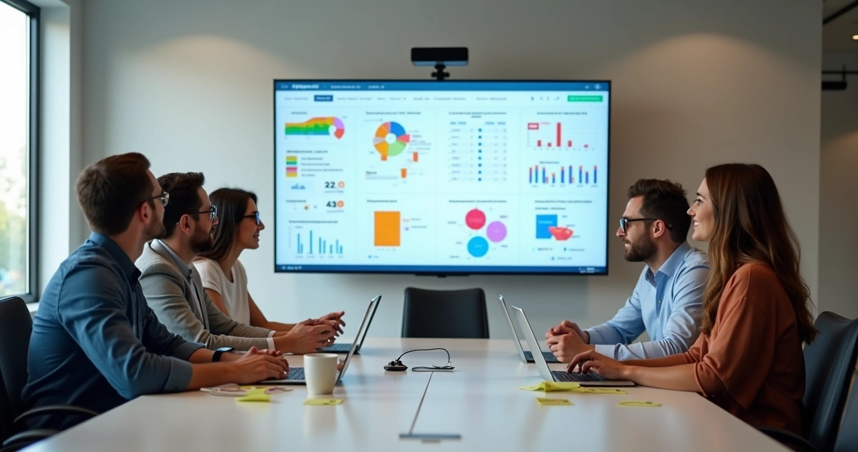 Profissionais de marketing analisando painel digital com fluxos automatizados 