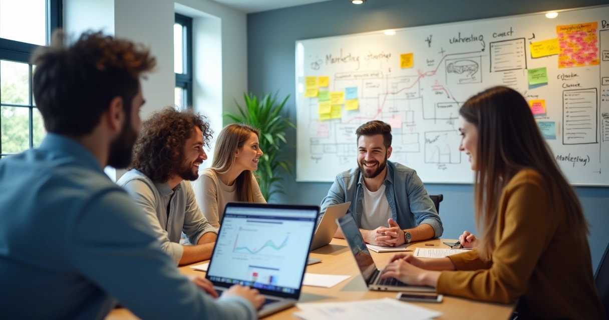 Equipe de marketing B2B colaborando em um escritório com laptops, gráficos e estratégias em quadros 