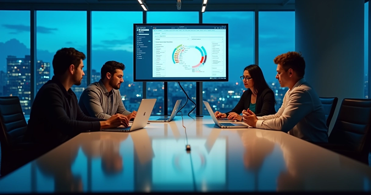 Reunião de marketing B2B com profissionais analisando dados 