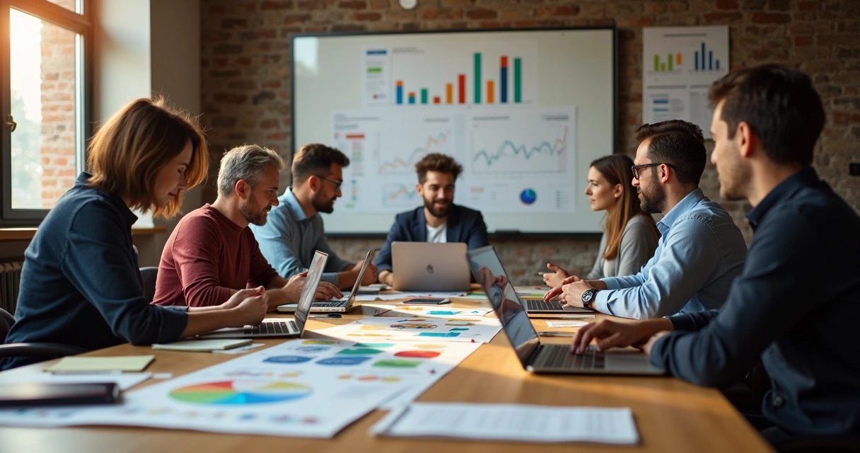Equipe reunida em reunião sobre campanha de marketing digital 